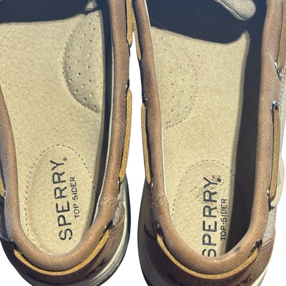 Sperry Top Sider ANGELFISH Tan Leather Gold Sparkle Linen Boat Shoes 7.5 women - Picture 6 of 8